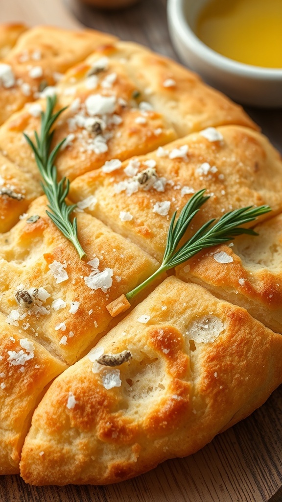 Golden brown focaccia bread topped with rosemary and sea salt, sliced into squares on a wooden board.